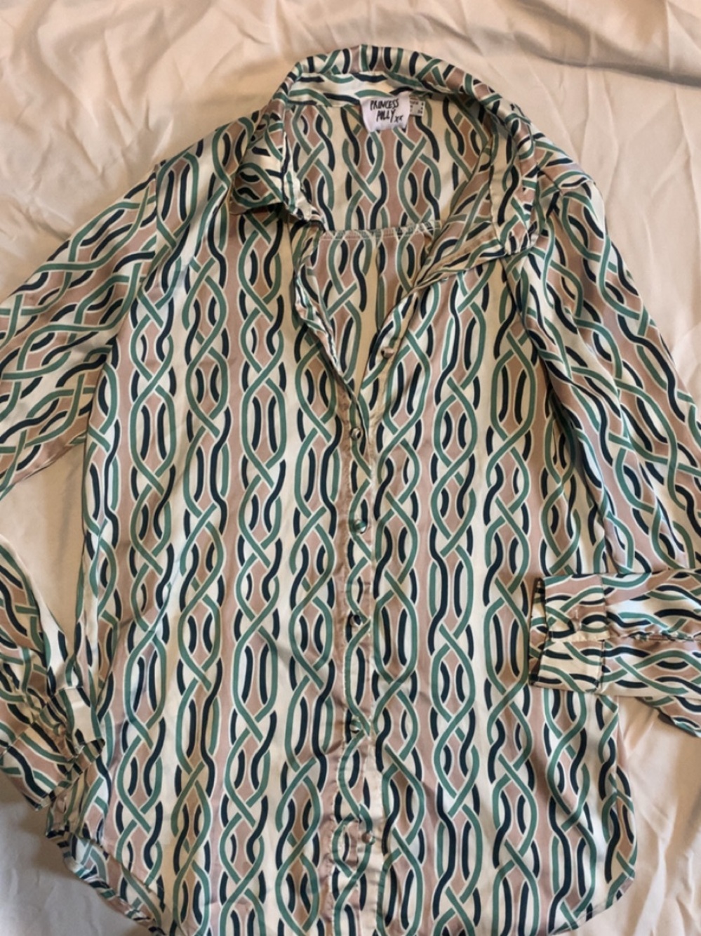 Princess Polly Cream Button-Down with Green & Teal Chain Motif